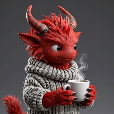 Red Dragon in Sweater with Coffee