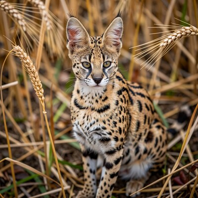 Serval Cat in Wheat Field