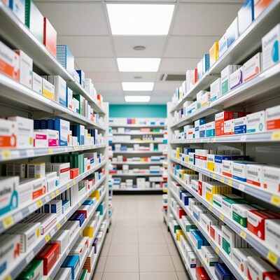 Pharmacy Store Aisle with Medicine Boxes