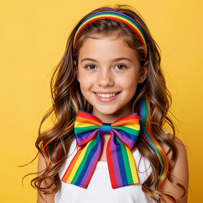 Smiling Girl with Rainbow Bow