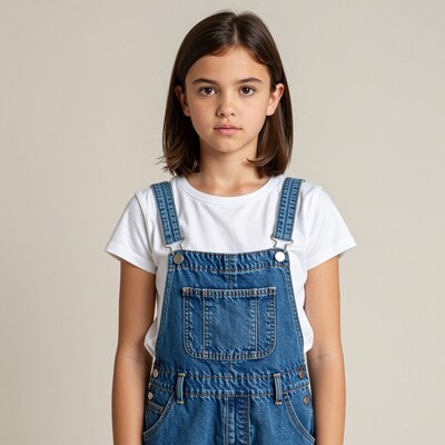 Young girl in denim overalls