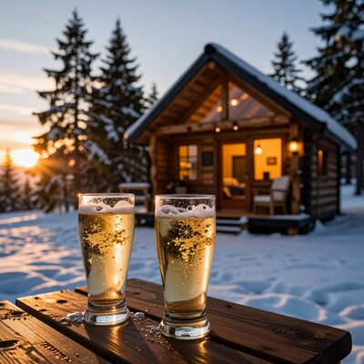 Beer Glasses in Snowy Cabin Sunset