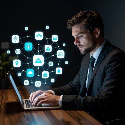 Businessman using laptop with digital network icons