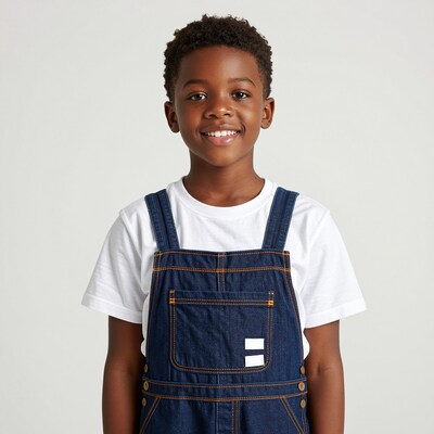 Smiling Black boy in denim overalls