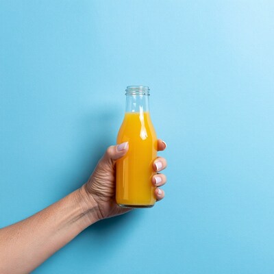 Hand holding orange juice bottle