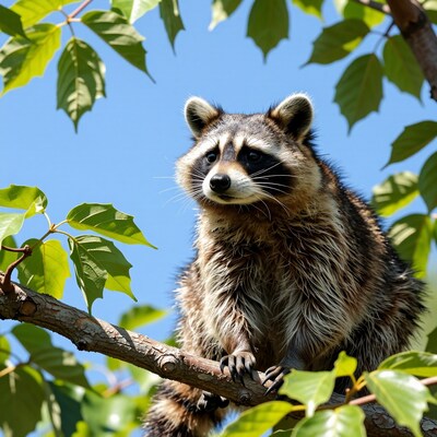 Raccoon Perched on Tree Branch