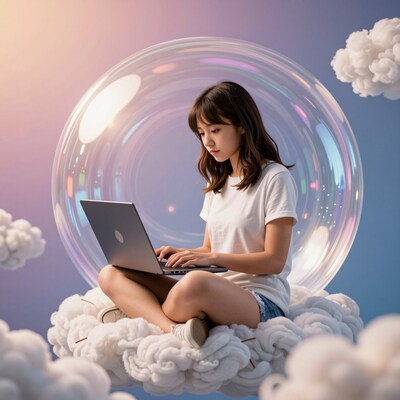 Girl in bubble cloud with laptop