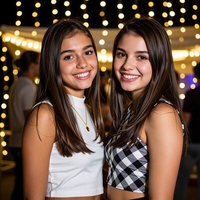 Two smiling young women at night party