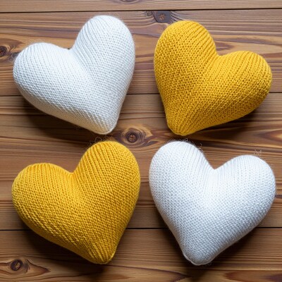 Knitted Yellow and White Heart Pillows