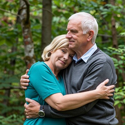 Elderly couple hugging in forest