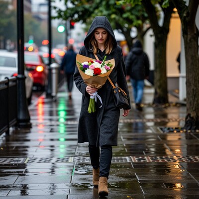Woman walking in rain with flower bouquet