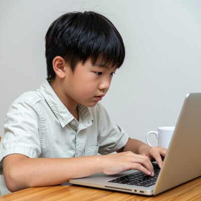 Young Asian boy using laptop