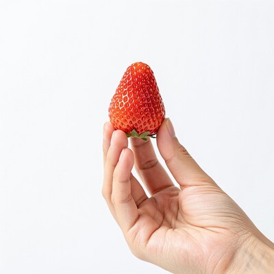 Hand holding fresh strawberry