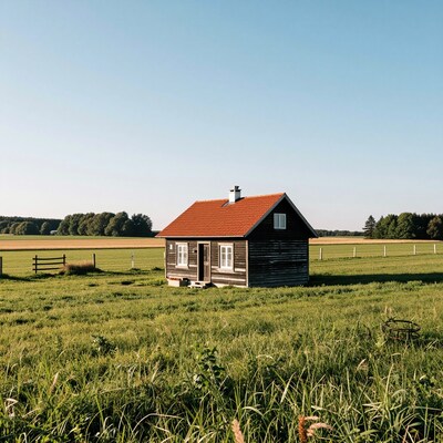 Wooden Cabin in Green Field