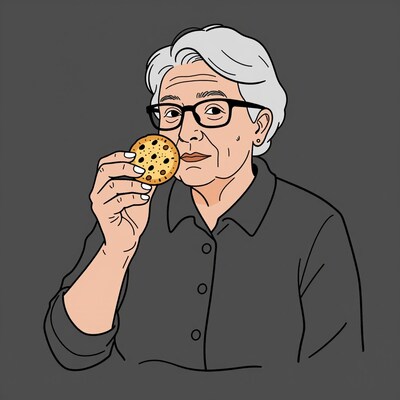 Elderly woman eating chocolate chip cookie