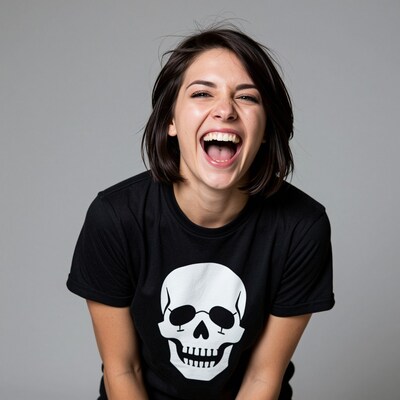 Laughing Woman in Skull T-Shirt