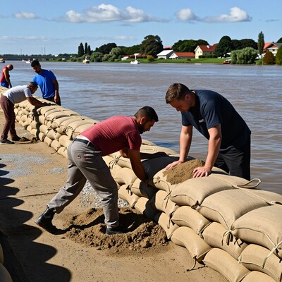 Men Filling Sandbags for Flood Defense