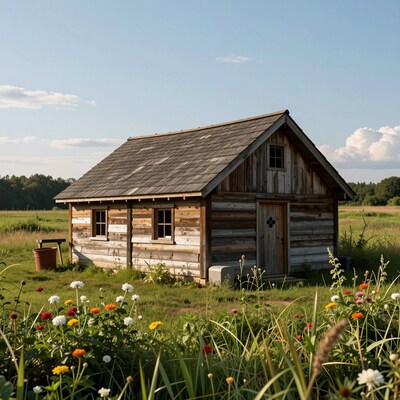 Wooden Cabin in Wildflower Meadow