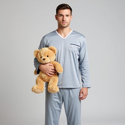 Man in blue pajamas holding teddy bear
