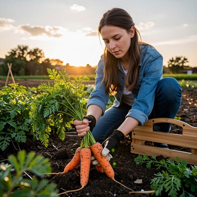Woman Harvesting Fresh Carrots