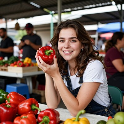 Smiling woman holding red bell pepper at farmers market