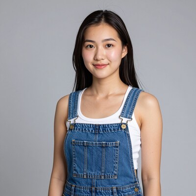 Young Asian woman in denim overalls