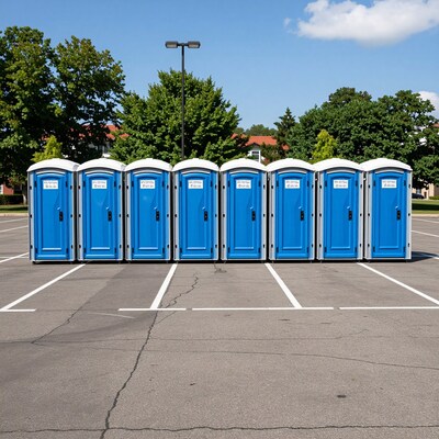Row of Blue Portable Toilets