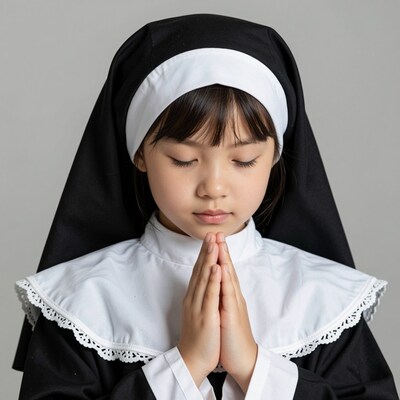 Young Asian Girl in Nun Costume Praying