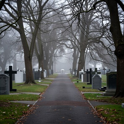 Foggy Cemetery Path in Autumn