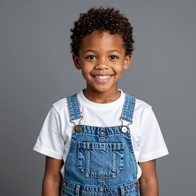 Smiling young boy in denim overalls