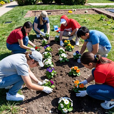Volunteers Planting Flowers in Garden