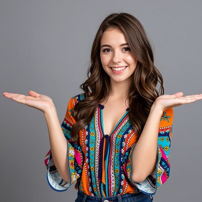 Smiling woman shrugging shoulders