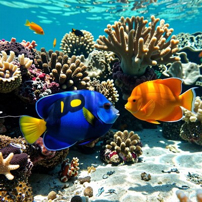 Blue Tang and Orange Fish Coral Reef