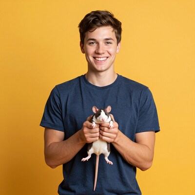 Young man holding pet rat