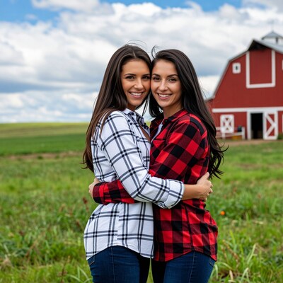 Two women hugging on farm