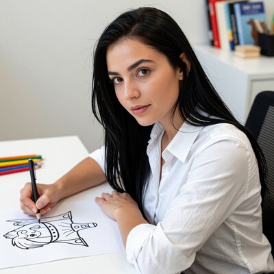 Woman drawing cartoon coloring page