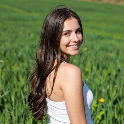 Smiling young woman in green field