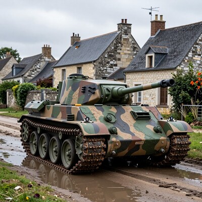 Camouflage Military Tank in Village
