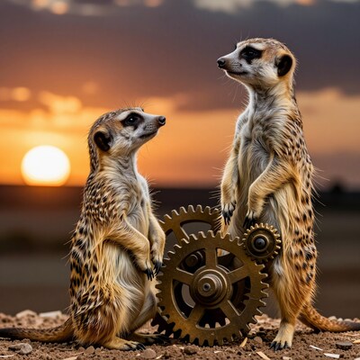 Meerkats with Gears at Sunset
