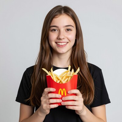 Smiling girl holding McDonald's fries