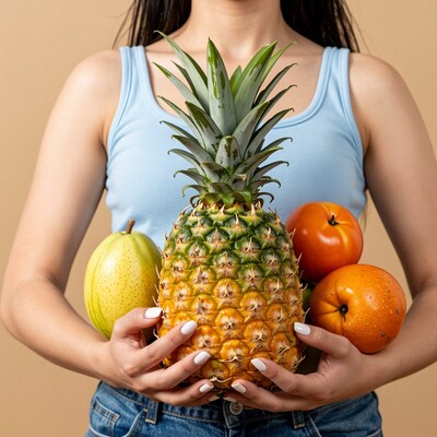 Woman holding fresh pineapple and fruits