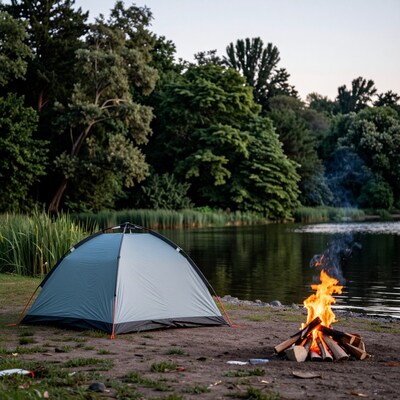 Camping Tent by Lake with Campfire