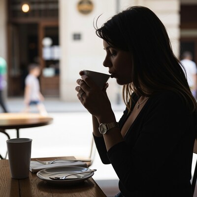 Woman sipping coffee at cafe