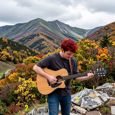Red-haired man playing guitar in mountains