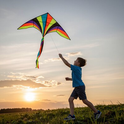 Boy flying colorful kite at sunset