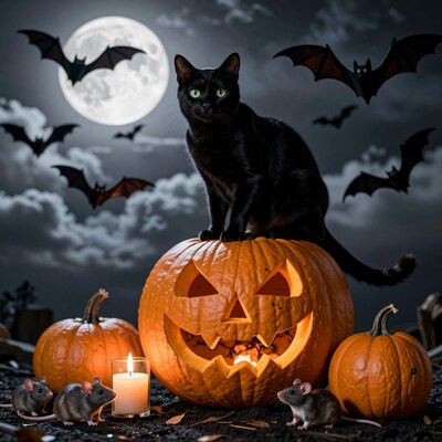 Black Cat on Halloween Pumpkin