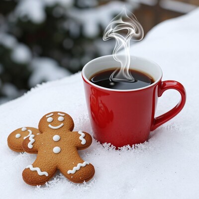 Gingerbread man and red coffee mug in snow
