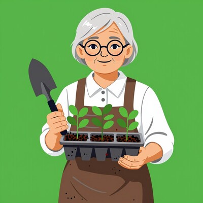 Elderly woman gardener with seedlings