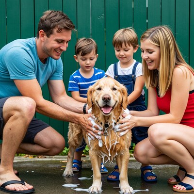 Family washing golden retriever