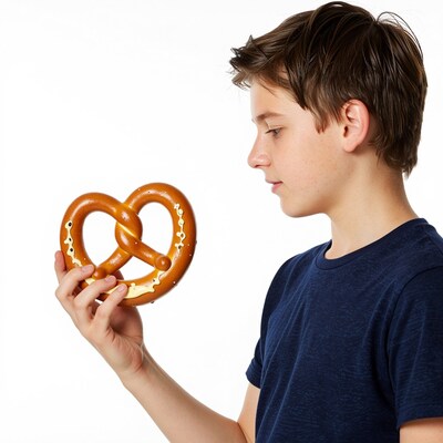 Boy holding giant pretzel